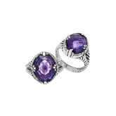Handcrafted Sterling Silver Amethyst Quartz Royal Twilight Rope Elegance Ring With Balinese Detailing.